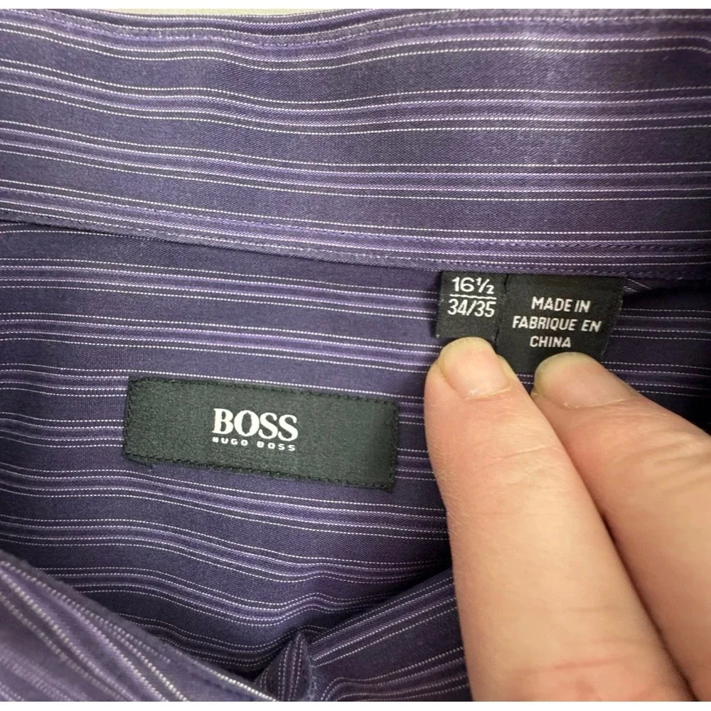 Hugo Boss Dress Shirt Mens 16.5‎ 34/35 Purple Pinstripe Brady US Button Down